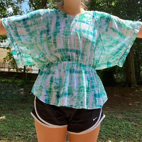 A.n.a Teal tie dyed blouse with cinched waist - Picture 2 of 5